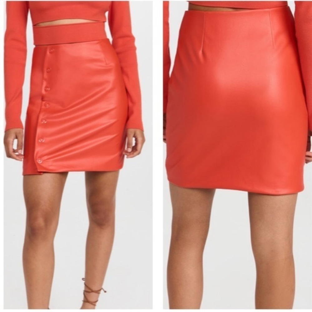 Sally LAPOINTE NWT 12 Poppy Red Orange Faux Leather‎ Snap Front Mini Skirt